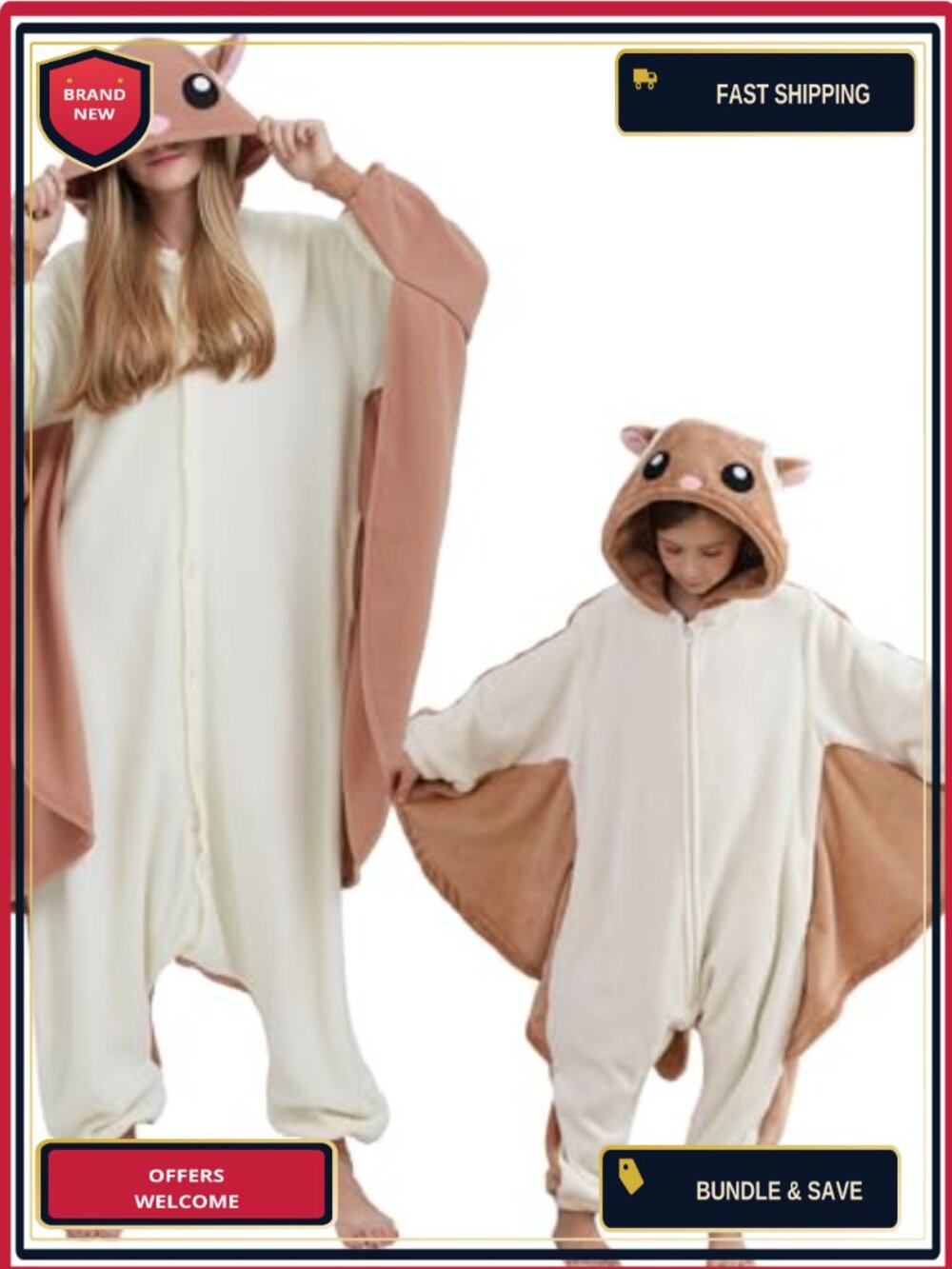 Unisex Adult Flying Squirrel Onesie Plush One-Piece Pajama Halloween Cosplay